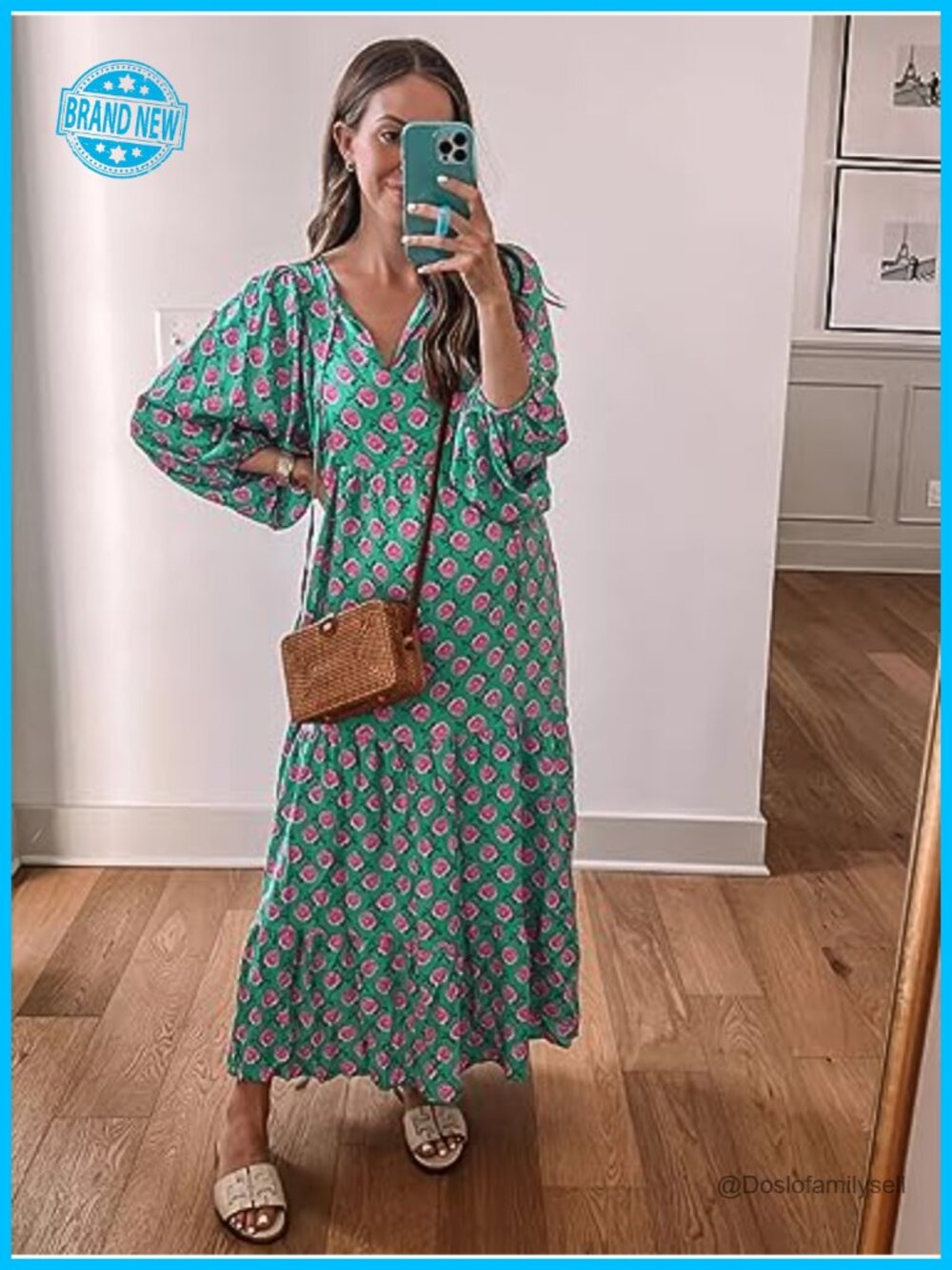 Women's Bohemian V-Neck Half Sleeve Maxi Dress Loose Fit Flowy Ankle Length - Picture 6 of 7